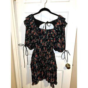 ASOS DESIGN Black Rose Print Plated Tiered Open Sides Cocktail Dress Sz 8